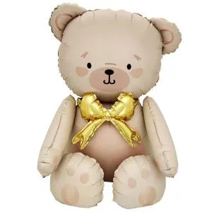 AIR 3D Мишка бежевый, бант золотой (ходячий шар)/ 1208-0947