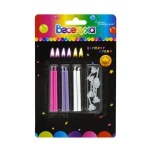 Свечи "Цветное пламя" микс розовый, сиреневый, белый с держателями 6 см,6 шт / 620207