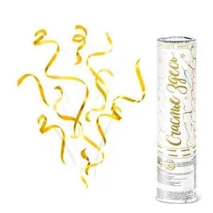 Пневмохлопушка "Счастье здесь" Серпантин 20см с золотой печатью 8220-CZ-GP