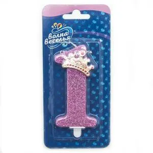 Свеча -цифра "1" Корона для Принцессы, розовая с блестками 9 см/624047G