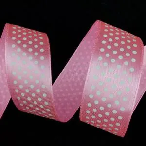Лента атлас розовый в белый горох 25 мм*22,85м