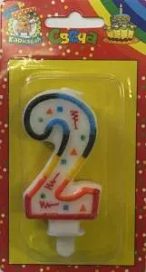 Свеча-цифра  разноцвет 7,6 см  "2"                               