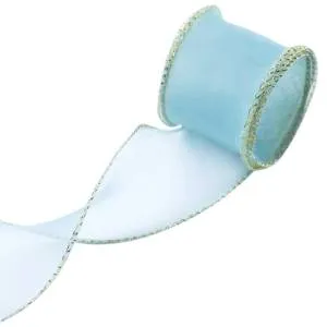 Лента Органза 4 см.*9,14 м. Голубая, золотая кайма с леской  / 6233857