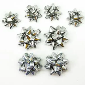 Бант-звезда, серебряный микс, голография 7 см, 8 шт/17821