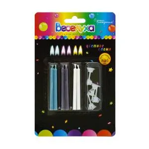 Свечи "Цветное пламя" микс голубой, фиолеовый, белый с держателями 6 см,6 шт / 620206