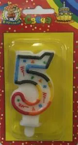 Свеча-цифра  разноцвет 7,6 см  "5"                               