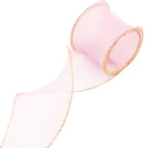 Лента Органза 4 см.*9,14 м. Розовая сирень, золотая кайма с леской  / 6233853