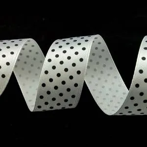 Лента атлас белый в черный горох 25 мм*22,85м
