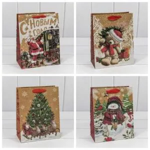 Пакет подарочный 18*23*10 см Крафт новогодний микс / 300367Е