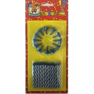 Свечи для торта голубые 12 шт с подставками 