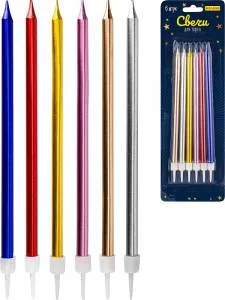 Свечи для торта на подставках "Торжество" 0.5*13+2см, 6 шт, ассорти/С-2027