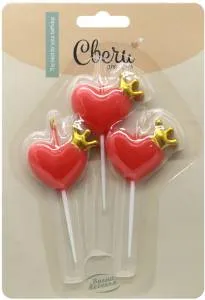 Свечи Сердце Золотая корона, красный 3 шт. с держ./802950