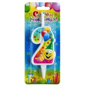 Свеча-цифра 7,6 см Смайлик с шарами "2"                    