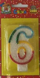 Свеча-цифра  с блёстками 7,6 см  "6"                               