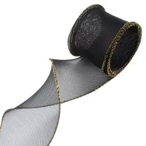 Лента Органза 4 см.*9,14 м. Черная, золотая кайма с леской  / 6233858