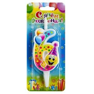 Свеча-цифра 7,6 см Смайлик с шарами "6"                    