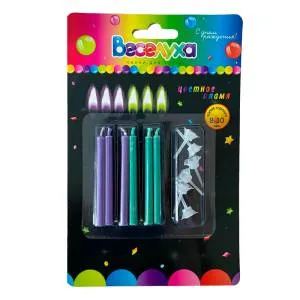 Свечи д/торта "Цветное пламя" микс Сиреневые,Морская волна с держ. 6шт, 6 см./620205