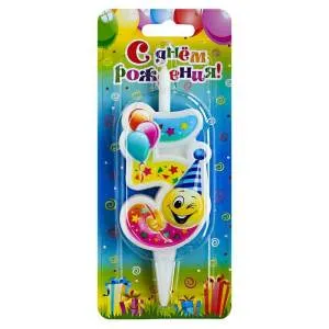 Свеча-цифра 7,6 см Смайлик с шарами "5"                    