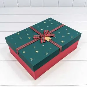 Коробка 29*21*9 см с бантом зеленый/красный