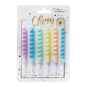 Свечи "Гиганты" Витые (макаронс пастель) с держ. 6шт.,8 см/190278