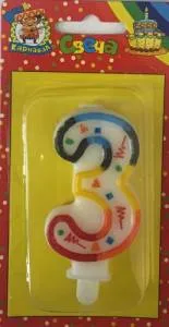 Свеча-цифра  разноцвет 7,6 см  "3"                               