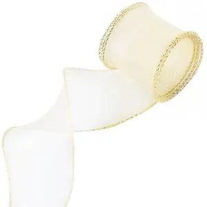 Лента Органза 4 см.*9,14 м. Кремовая, золотая кайма с леской  / 6233856