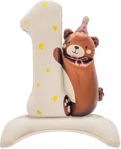 35" Цифра на подставке "1 Годик" Мишка в розовом колпачке, бежевый сатин / Китай 27301