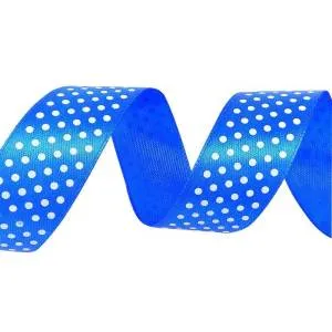 Лента атлас синий в белый горох 25 мм*22,85м