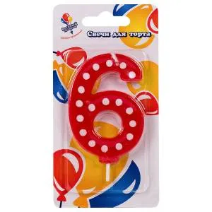 Свеча для торта в белую точку "6"