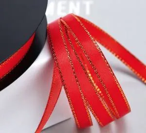 Лента атлас с золотой нитью Красный 25мм*22,85м/113-25SGE