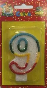 Свеча-цифра  с блёстками 7,6 см  "9"                               