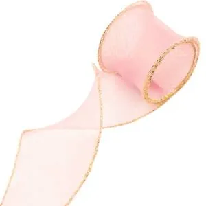 Лента Органза 4 см.*9,14 м. Розовая, золотая кайма с леской  / 6233855