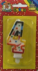 Свеча-цифра  разноцвет 7,6 см  "4"                               