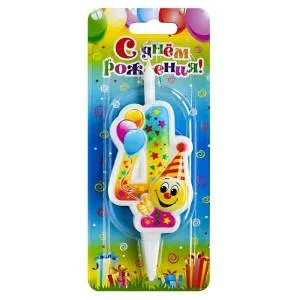 Свеча-цифра 7,6 см Смайлик с шарами "4"                    