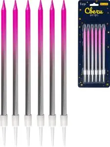 Свечи для торта на подставках "Яркий праздник" 0.4*10,5+3 см, 6 шт, розово-серебристые/С-2038