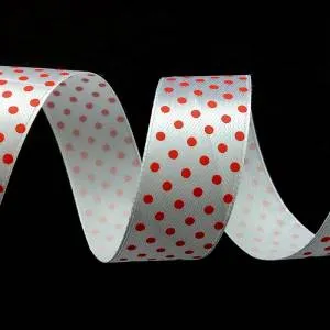 Лента атлас белый в красный горох 25 мм*22,85м