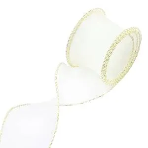 Лента Органза 4 см.*9,14 м. Белая, золотая кайма с леской  / 6233852