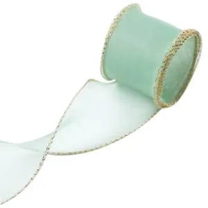 Лента Органза 4 см.*9,14 м. Мятная, золотая кайма с леской  / 6233854