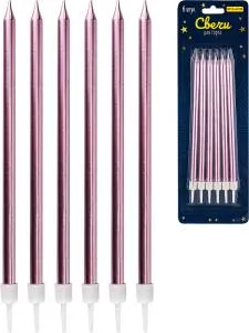 Свечи для торта на подставках "Торжество" 0.5*13+2см, 6 шт, розовые/С-2025